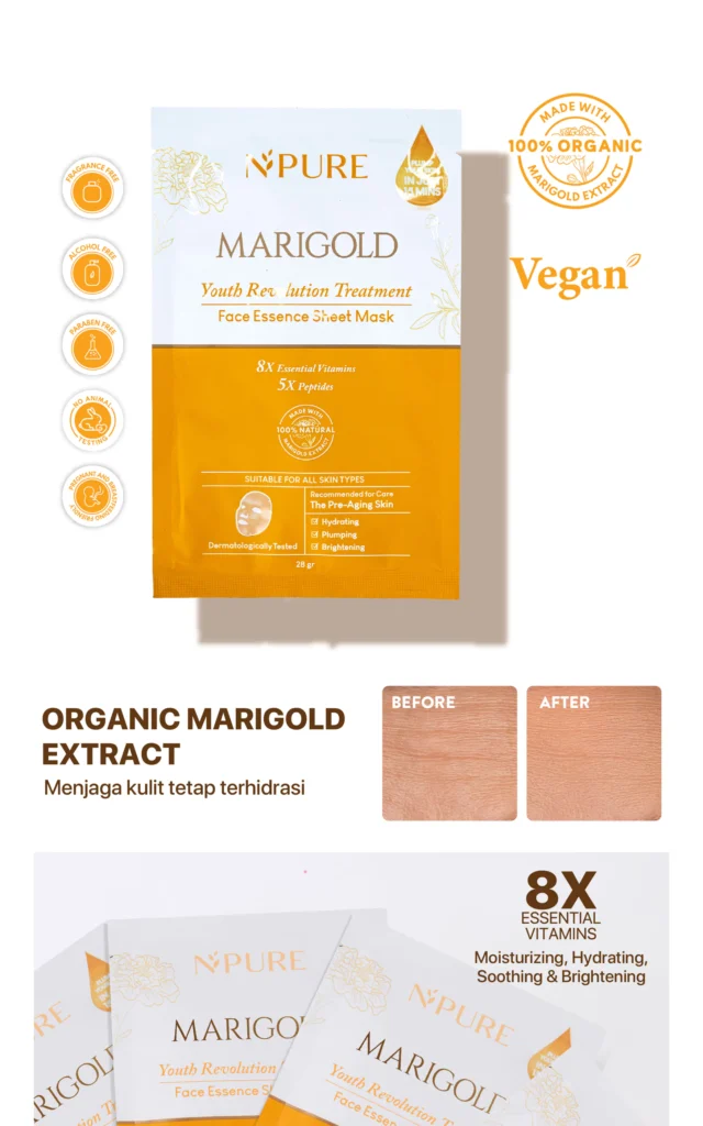 NPURE Marigold Sheet Mask Untuk Awet Muda Glowing Dan Hydrating 2 1 Scaled